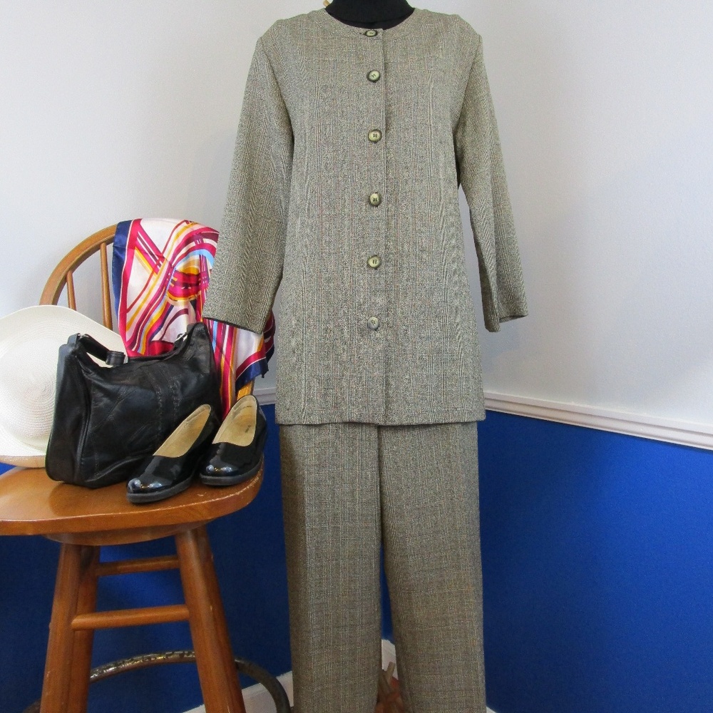 💐2XHP💐 VTG 80's Textured Plaid Hi Waist Pantsuit